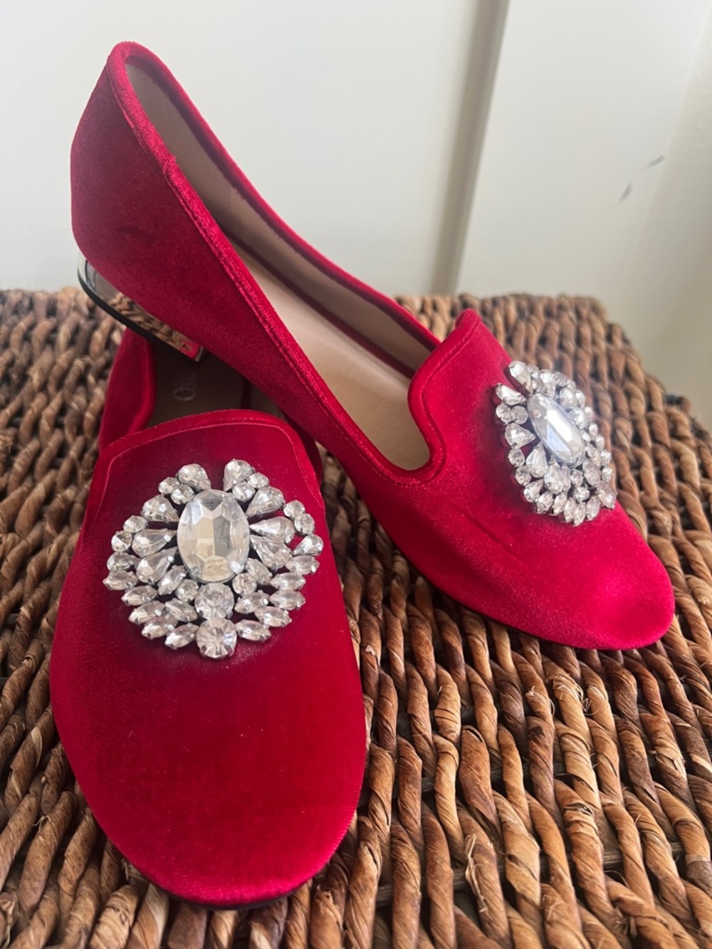 Red Velvet Jeweled Women's Loafers - Picture 3 of 9